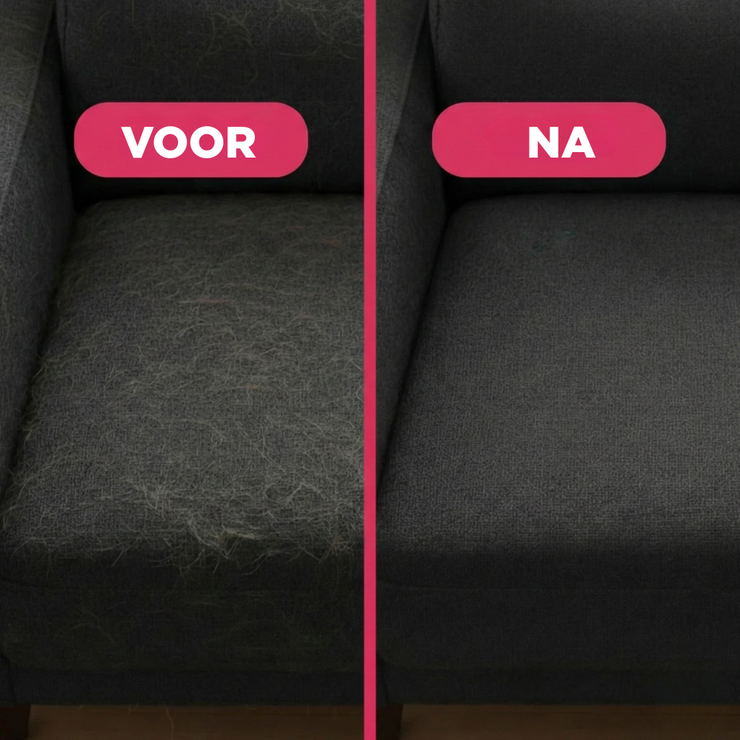 PawClean Handschoen voor en na — bank vol haren wordt in één veeg schoon