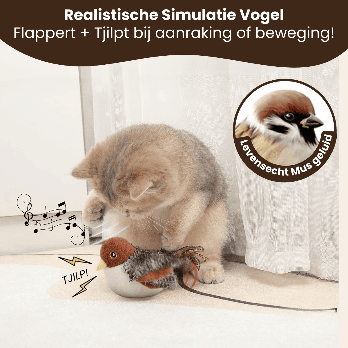 Mijn DierShop® Realistische Simulatie Vogel voor Katten - Kleine Mus (Flappert + Tjilpt)